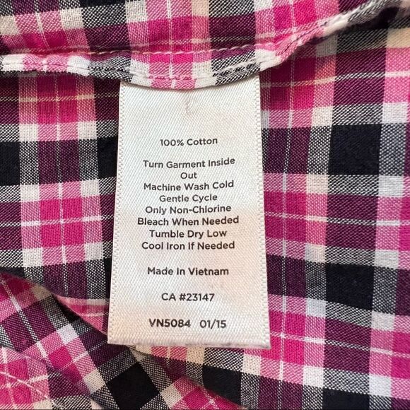 Talbots Pink + Navy Plaid Cotton Long Sleeve  Button Front Blouse Medium - Picture 8 of 8